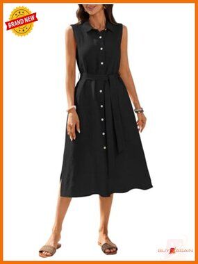 100% Linen Midi Dress Button Down Sleeveless Split Belt with Pockets